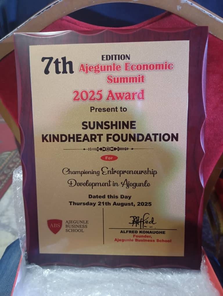 Certificate: 7th Ajegunle Economic Summit 2025 Award to Sunshine KindHeart Foundation